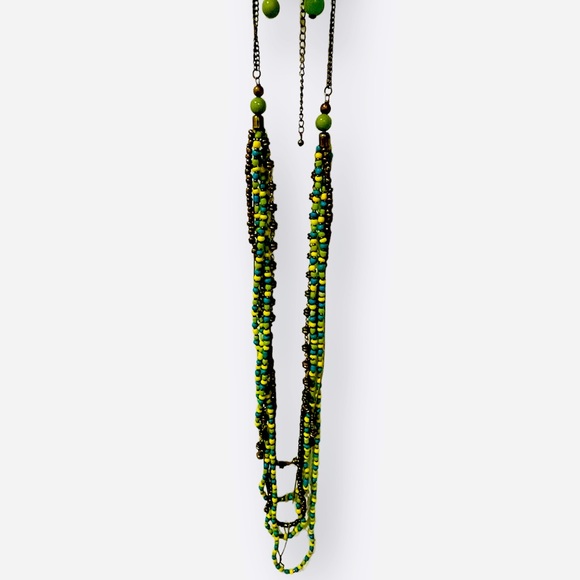 Bright Yellow, Green, Turquoise, and Copper Beaded Necklace and Dangle Earrings. - Picture 1 of 2